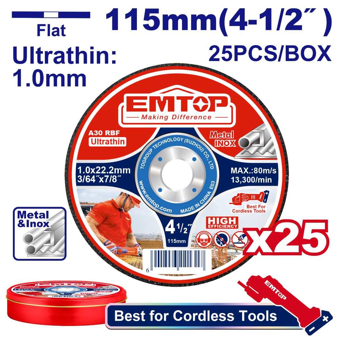 Jeu de 25 disques à tronçonner 115mm EMTOP EACD11011525