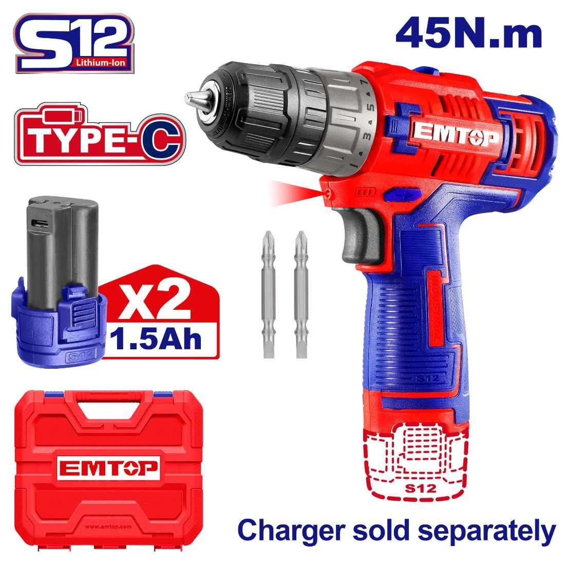 Visseuse 45Nm Type-C 12V + 2 batteries 1,5Ah EMTOP