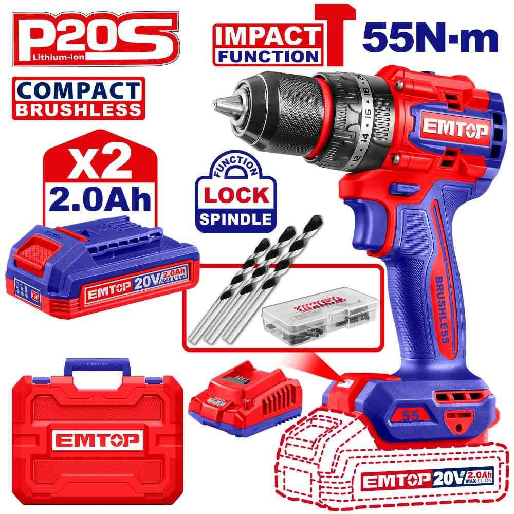 Perceuse à percussion Brushless 20V 55Nm + accessoires EMTOP
