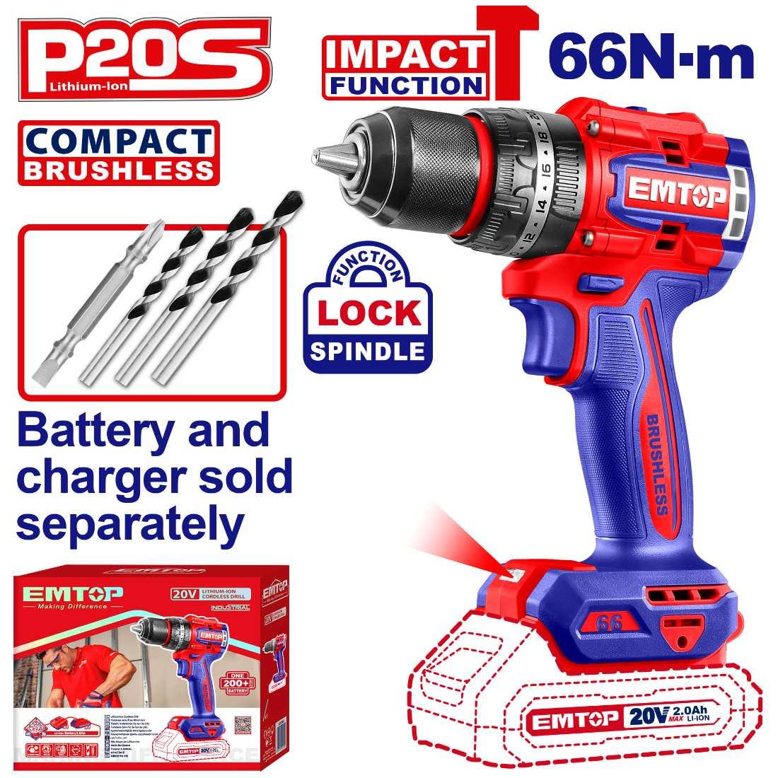 Perceuse à percussion Brushless 20V 66Nm EMTOP