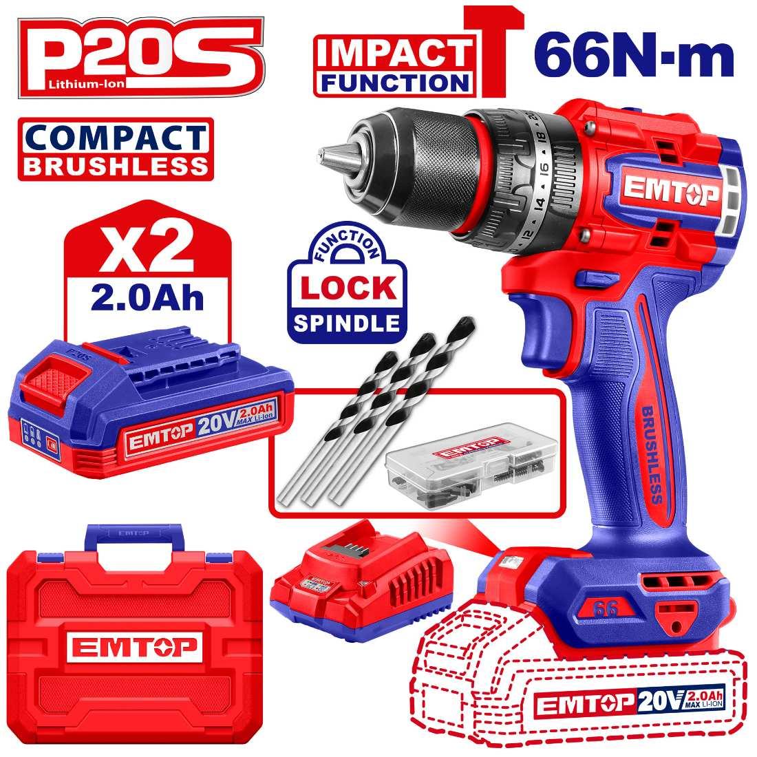 Perceuse à percussion Brushless 20V 66Nm + accessoires EMTOP