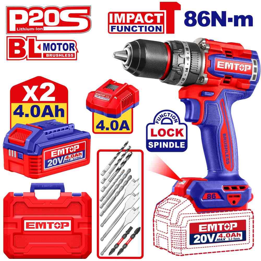 Perceuse à percussion 20V 2B 4Ah 86Nm EMTOP