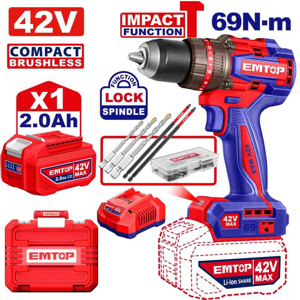 Perceuse à percussion Brushless 1B 42V 69Nm EMTOP