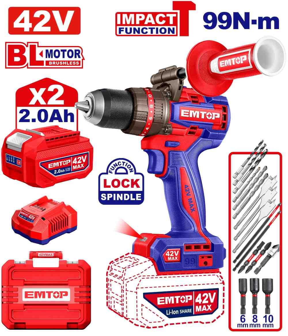 Perceuse à percussion 42V 2B 4Ah 99Nm EMTOP