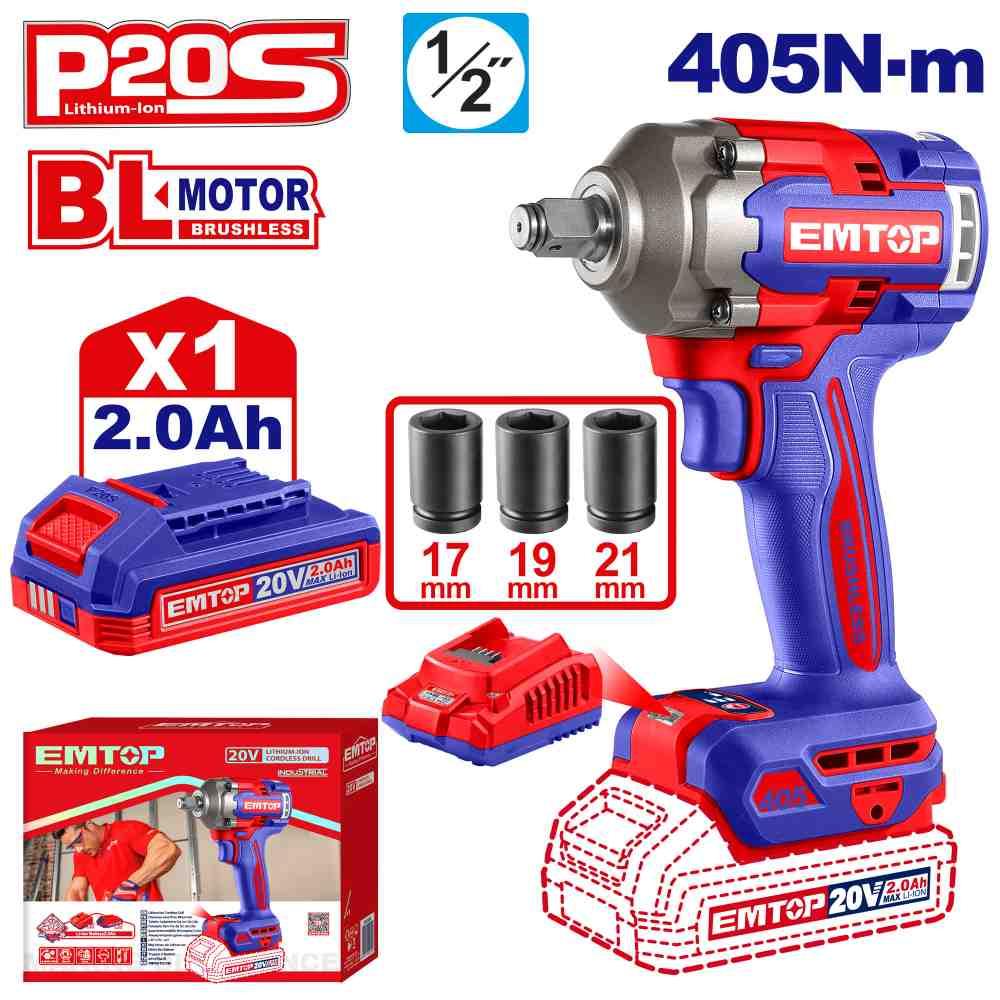 Clé à choc 20V Brushless 1/2\" 405Nm 1B 2Ah EMTOP