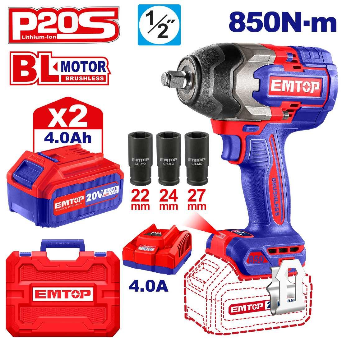 Clé à choc 20V Brushless 1/2\" 850Nm 2B 4Ah EMTOP