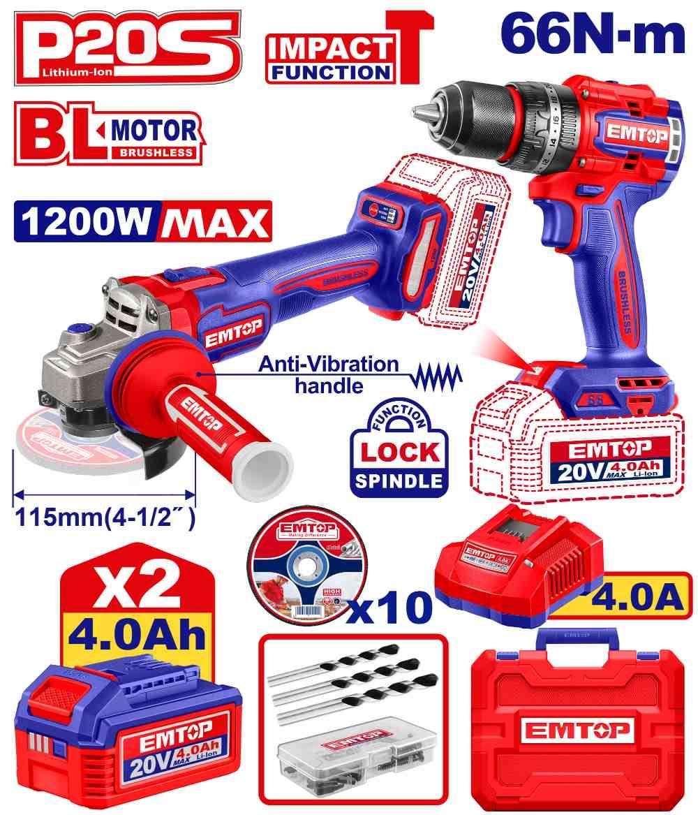 Kit perceuse + meuleuse 115 2B 4Ah + accessoires EMTOP