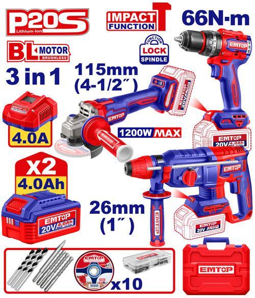 Kit 3 outils : perceuse + meuleuse + perforateur EMTOP