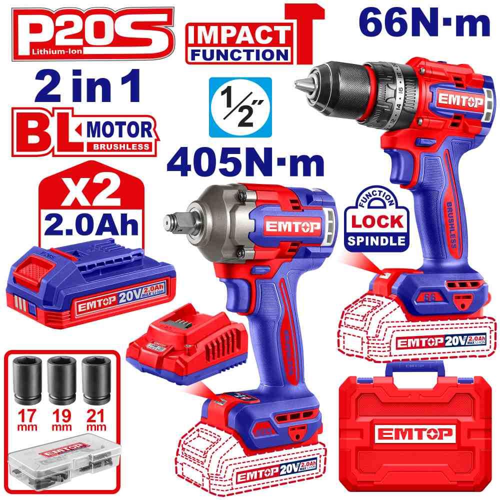 Kit perceuse + clé à choc 405Nm 2B 2Ah EMTOP