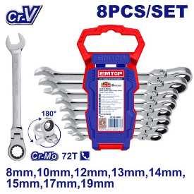 Jeu de 8 clés à cliquet flexibles 8-19 mm EMTOP