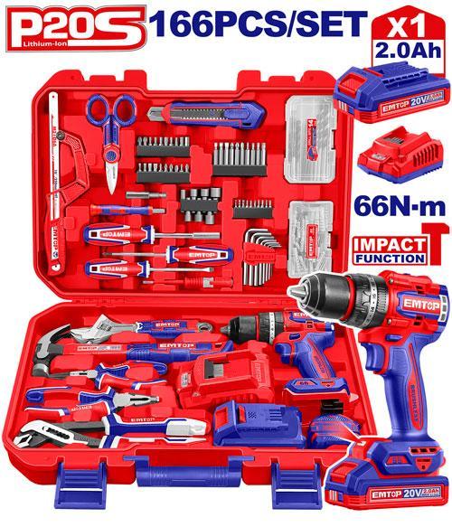 Valise d'outils + visseuse 66Nm 166 pièces EMTOP