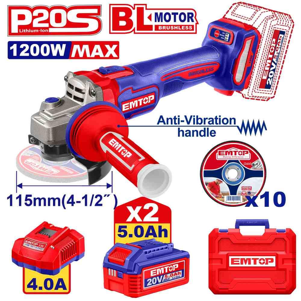 Meuleuse 115mm 20V Brushless 2B 5Ah + 10 disques EMTOP