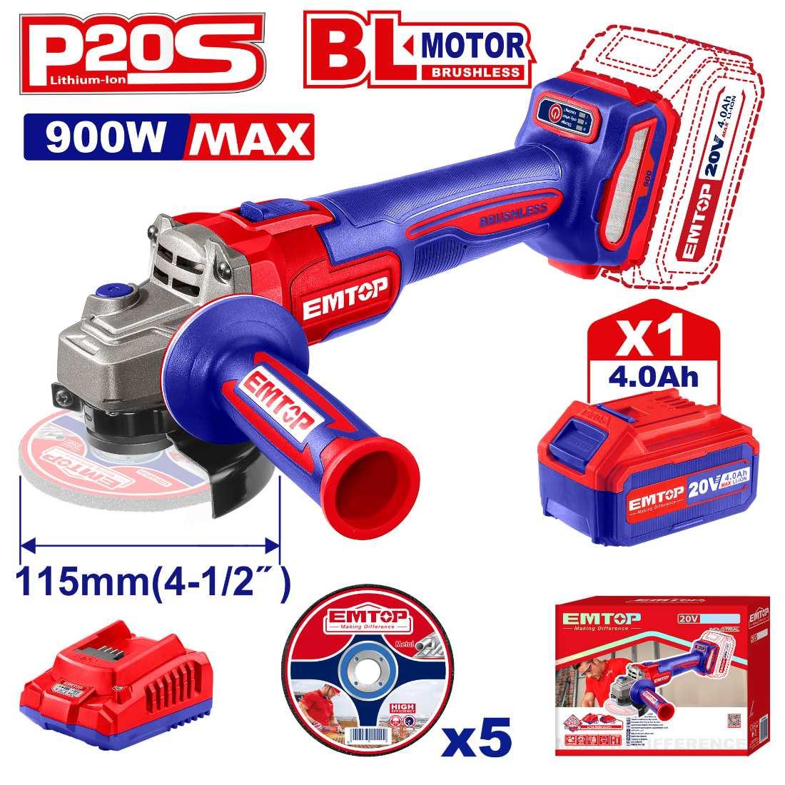 Meuleuse 115mm 20V Brushless 1B 4Ah + 5 disques EMTOP