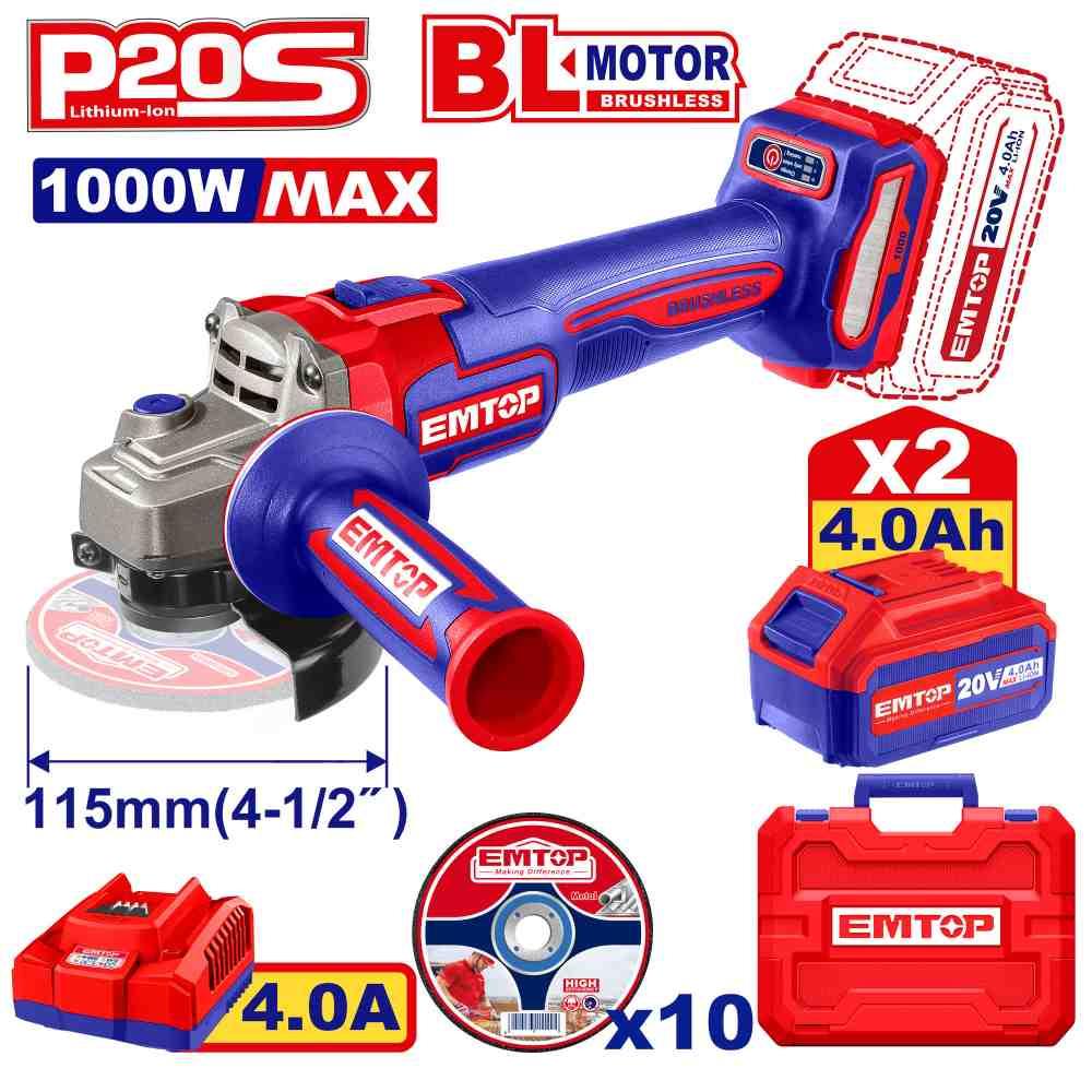 Meuleuse 115mm 20V Brushless 2B 4Ah + 10 disques EMTOP