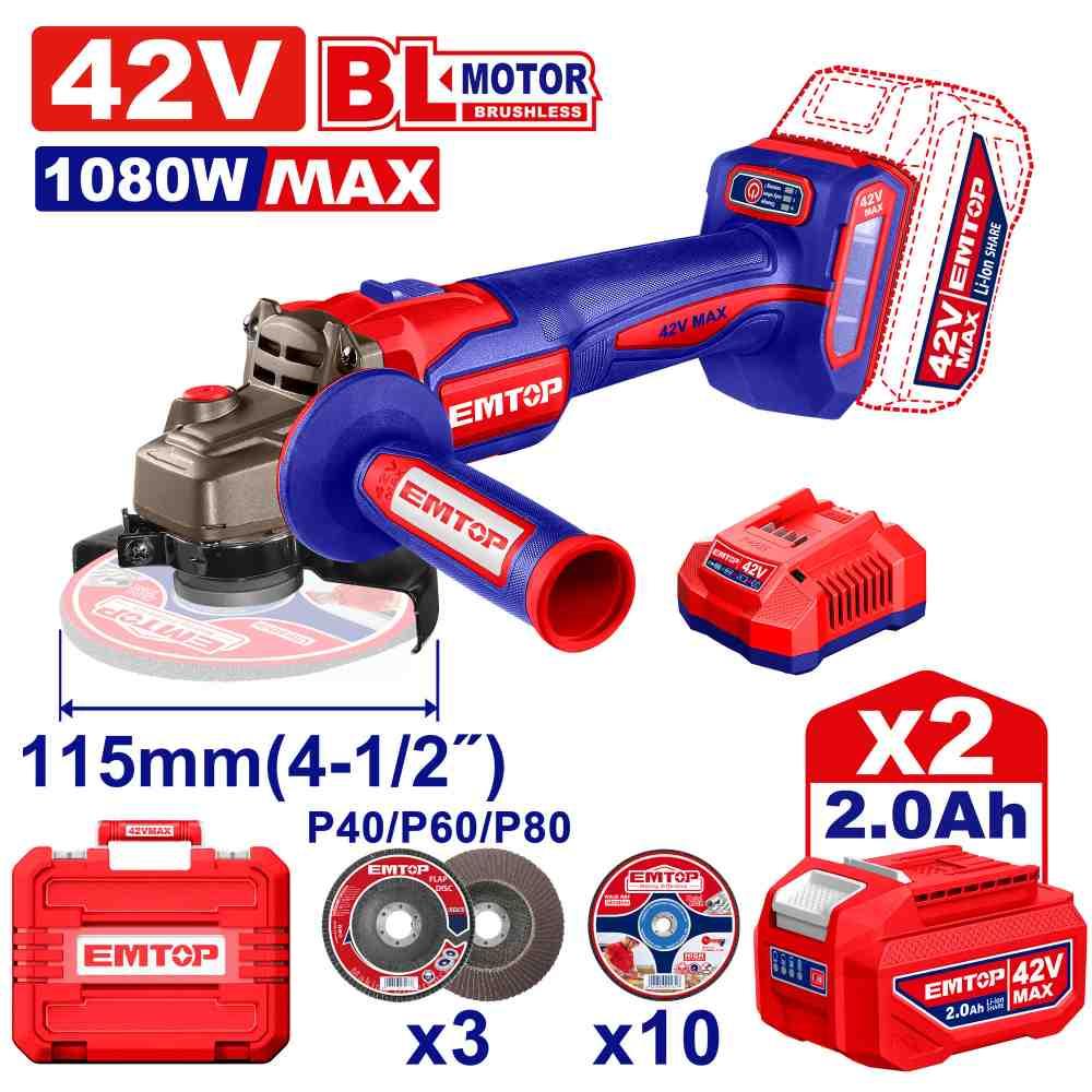 Meuleuse 115mm 42V Brushless 2B 2Ah 1080W EMTOP