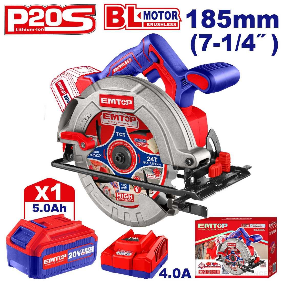 Scie circulaire 185mm 20V 1B 4Ah EMTOP ELCS18513