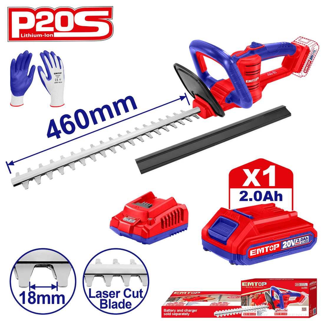 Taille-haie 20V + batterie 460mm + gants EMTOP
