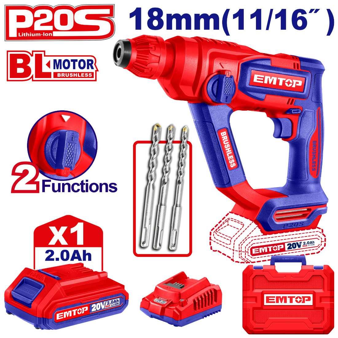 Perforateur SDS+ 20V 1B 2Ah 18mm Brushless + accessoires EMTOP
