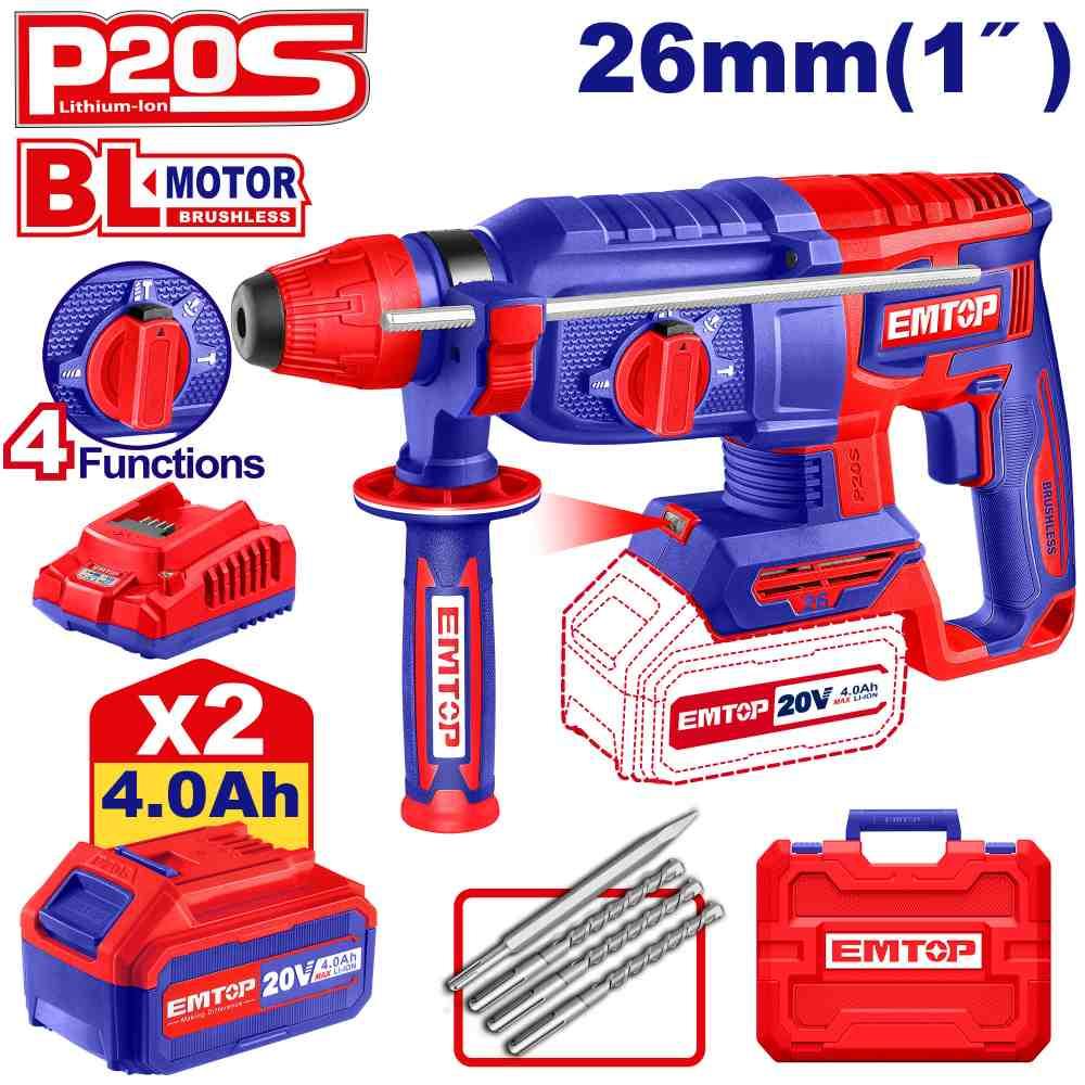 Perforateur SDS+ 20V 2B 4Ah 26mm Brushless + accessoires EMTOP