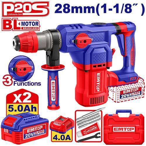 Perforateur SDS+ 20V 2B 5Ah 28mm Brushless + accessoires EMTOP