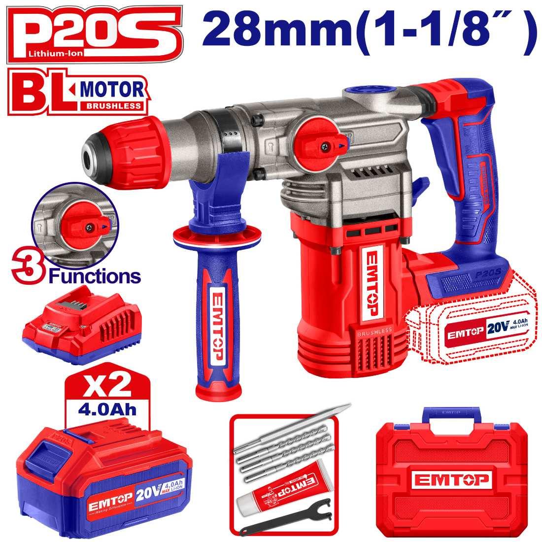 Perforateur SDS+ 20V 2B 4Ah 28mm Brushless + accessoires EMTOP
