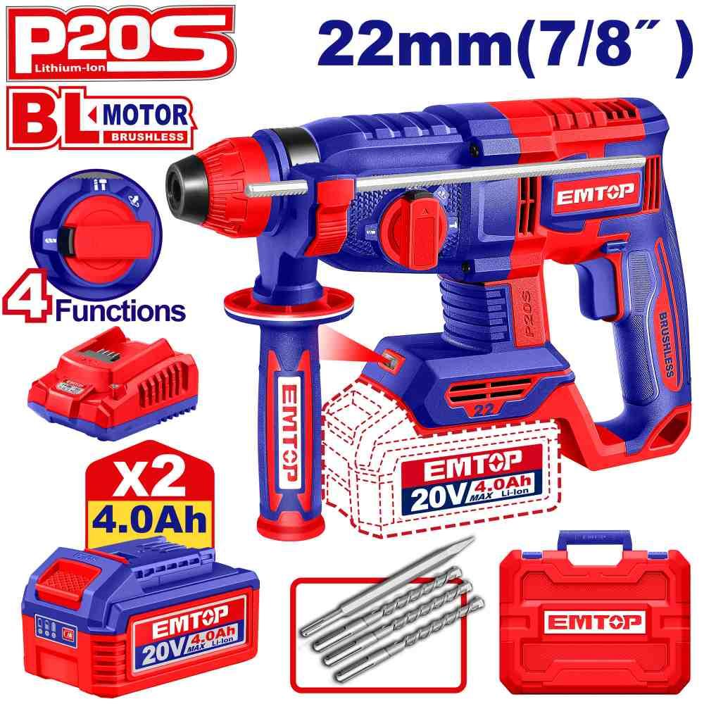 Perforateur SDS+ 20V 2B 4Ah 22mm Brushless + accessoires EMTOP