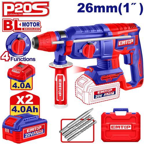 Perforateur SDS+ 20V 2B 4Ah 26mm Brushless + accessoires EMTOP