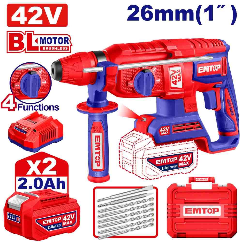 Perforateur SDS+ 42V 2B 2Ah 26mm + accessoires EMTOP