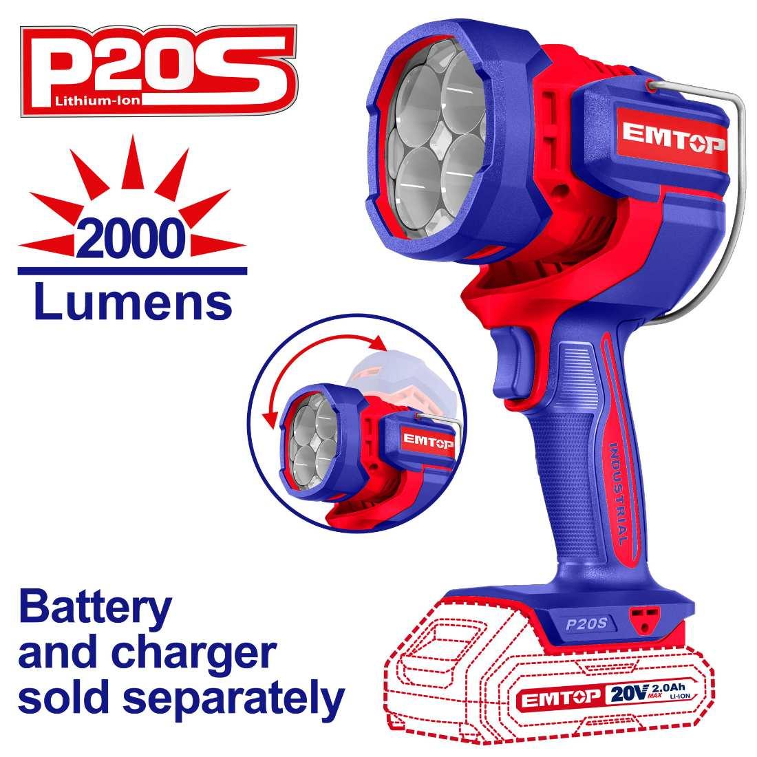 Torche LED 20V 2000 lumens EMTOP ELWLI2088