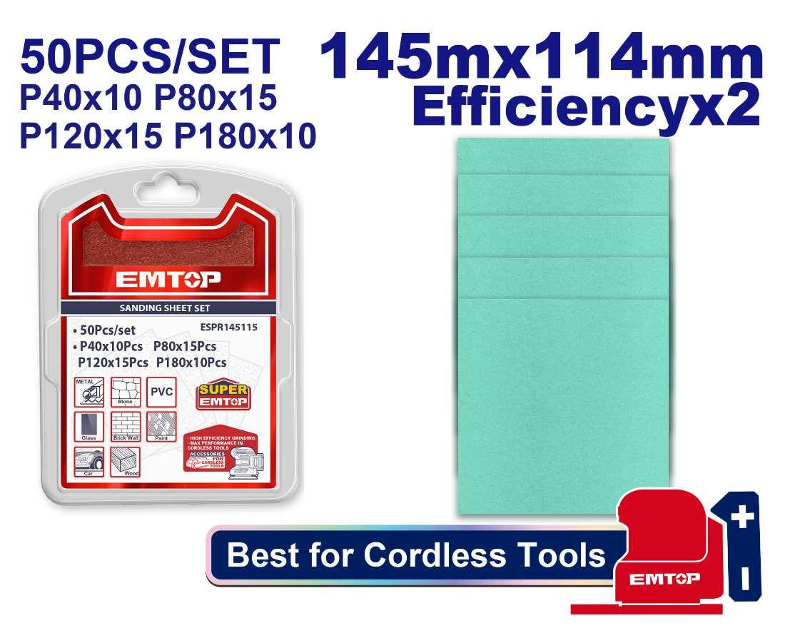 Jeu de 50 feuilles abrasives 145x114 EMTOP ESPR145115