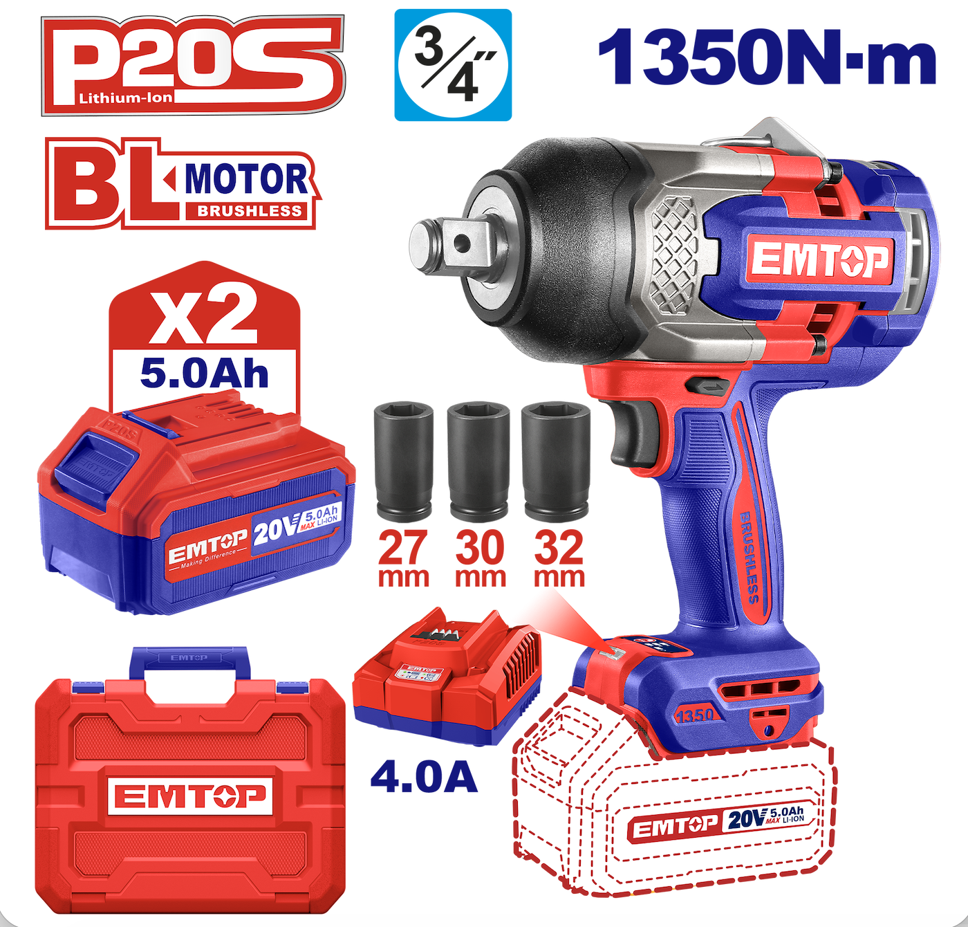 Clé à choc 1350Nm 3/4\" 2B 5Ah EMTOP