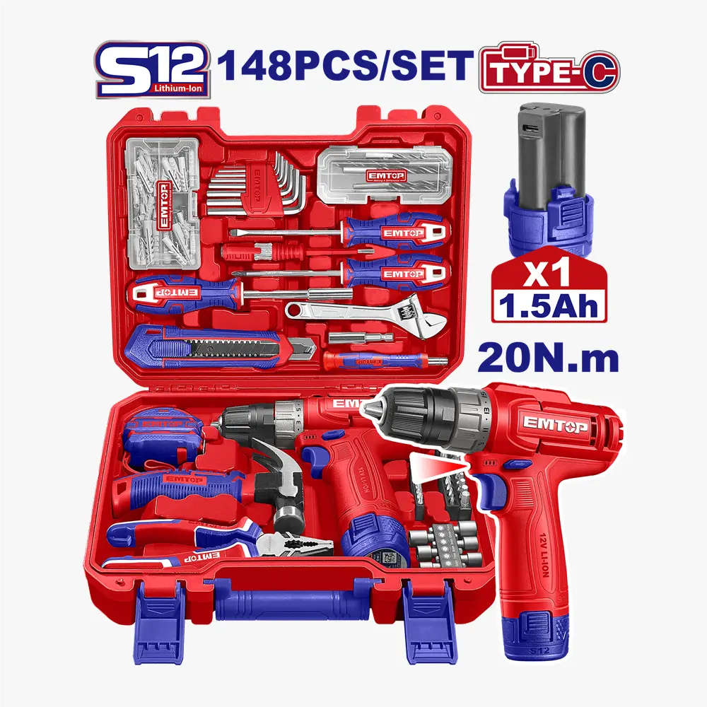 Valise d'outils + visseuse 12V 148 pièces EMTOP