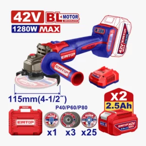 Meuleuse 115mm 42V Brushless 2B 2,5Ah 1200W EMTOP