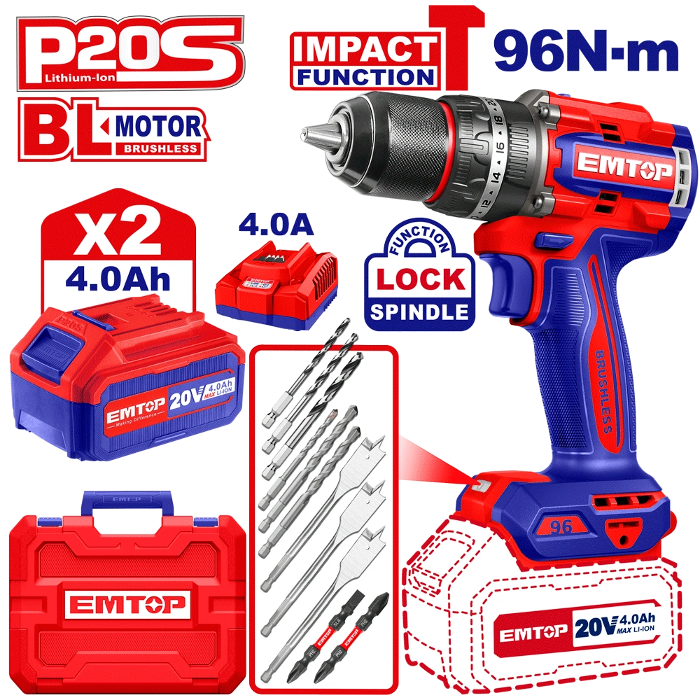 Perceuse à percussion Brushless 20V 96Nm + accessoires EMTOP