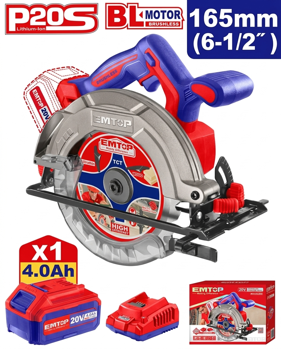 Scie circulaire 165mm 20V 1B 4Ah EMTOP ELCS16521