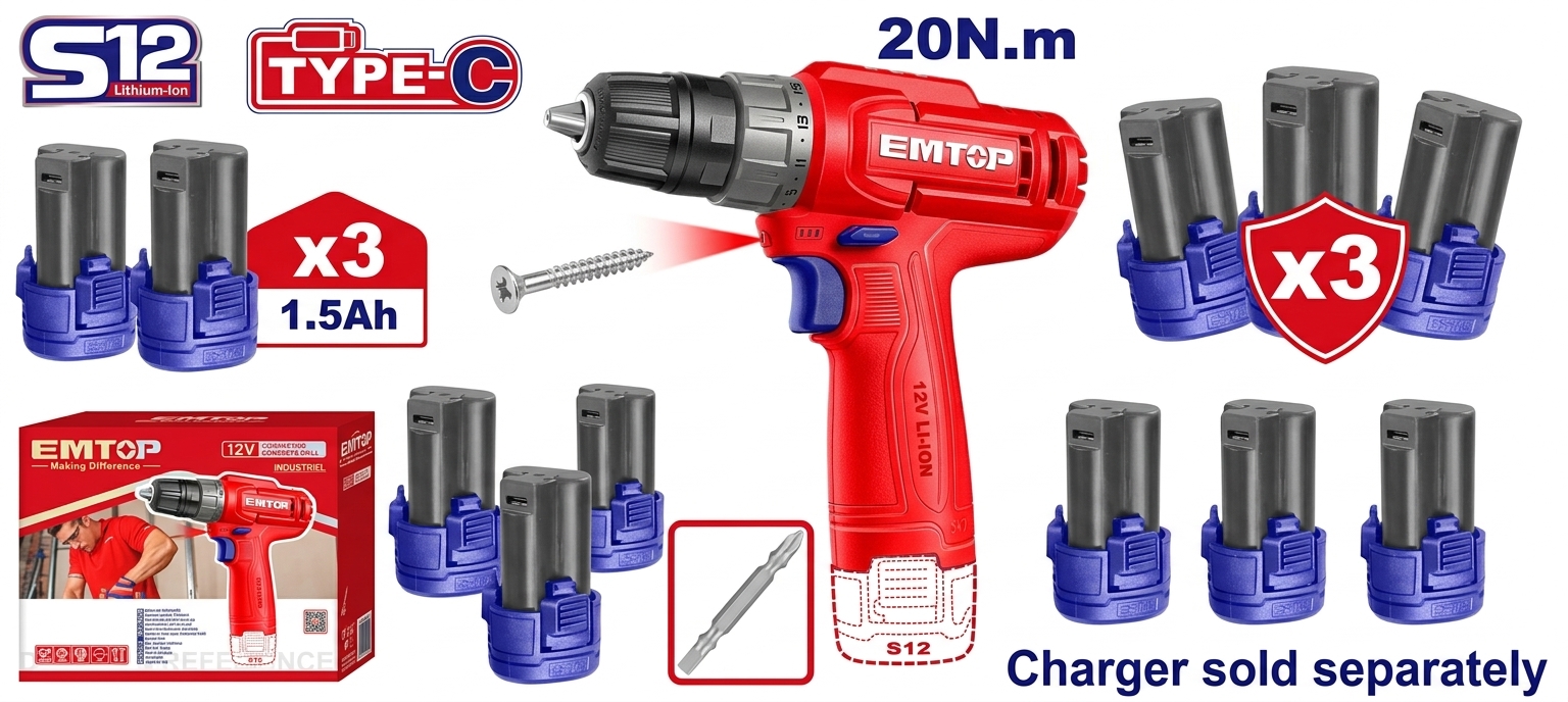 Visseuse 20Nm Type-C 12V + 1 batterie 1,5Ah EMTOP